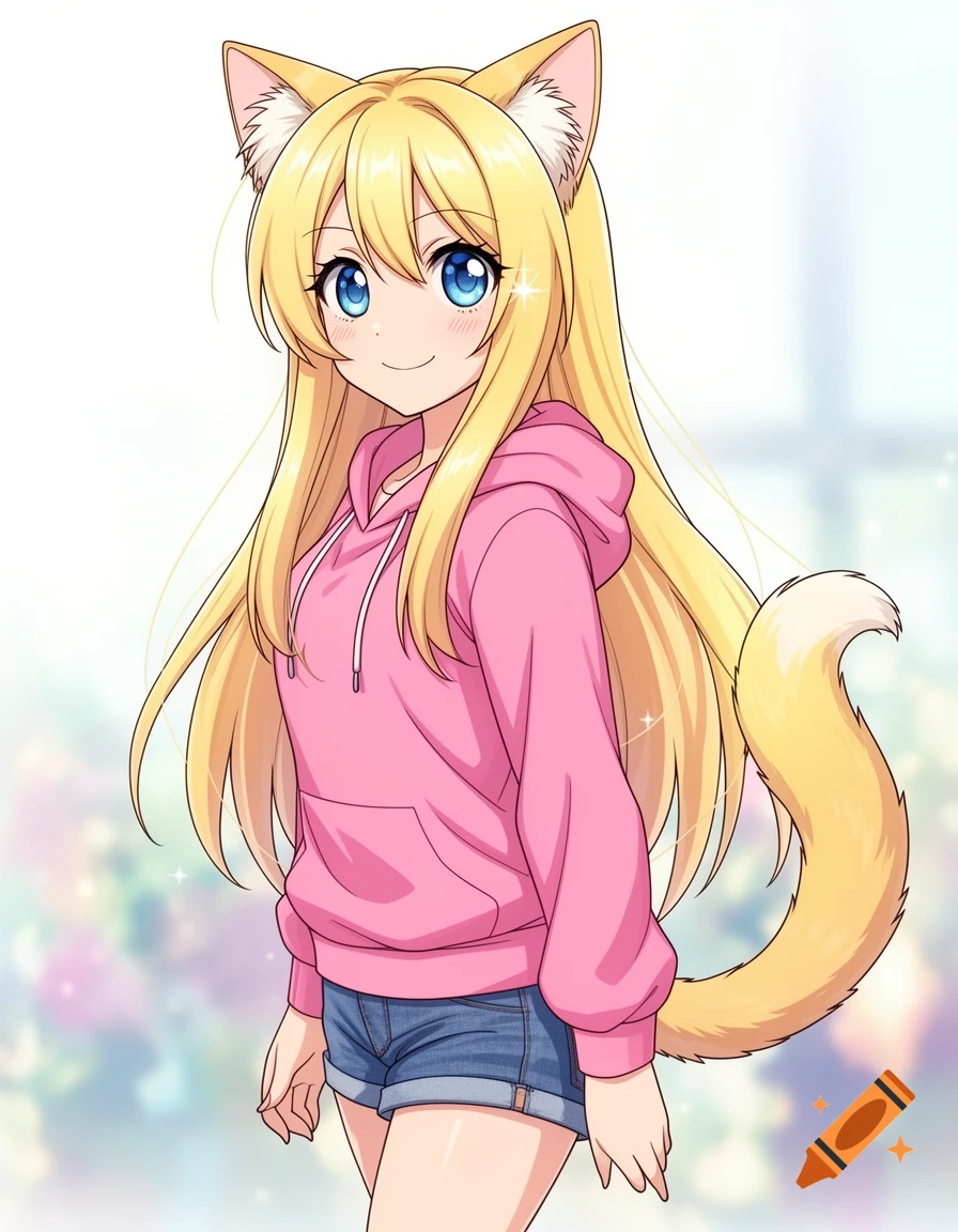 An anime girl with blonde hair, blue eyes, cat ears, and a cat tail, wearing a pink hoodie and denim shorts.