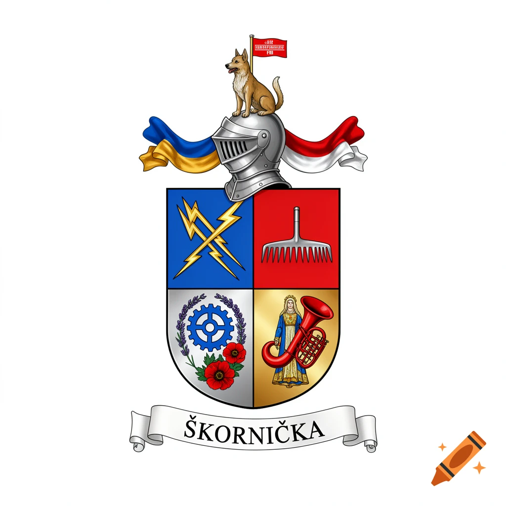 A colorful family coat of arms with a knight's helmet, a dog holding a red flag, and a banner with the name Škornička.