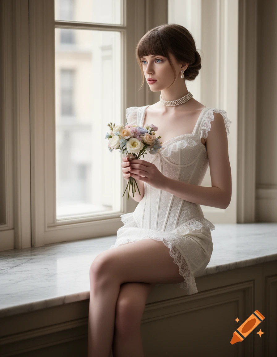Ultra-realistic editorial portrait of a woman in a white corset mini dress sitting on a marble windowsill, holding a small bouquet of flowers.