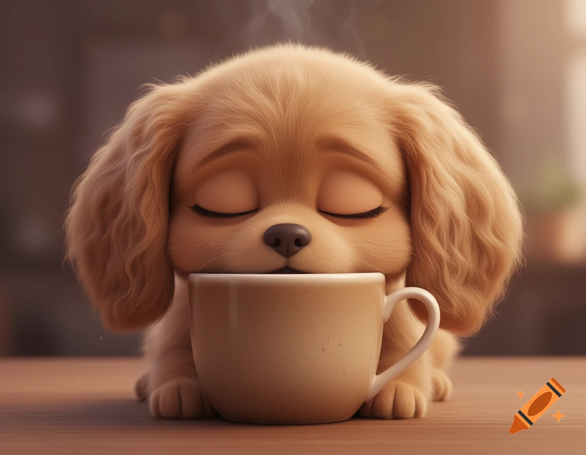 A cute, fluffy light brown puppy with closed eyes, looking sleepy, leans its head against an oversized coffee cup in a 3D render.