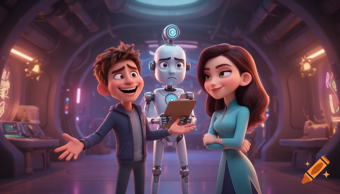 A 3D animated scene with a grinning boy, a concerned robot holding a clipboard, and a confident woman in a whimsical sci-fi setting.