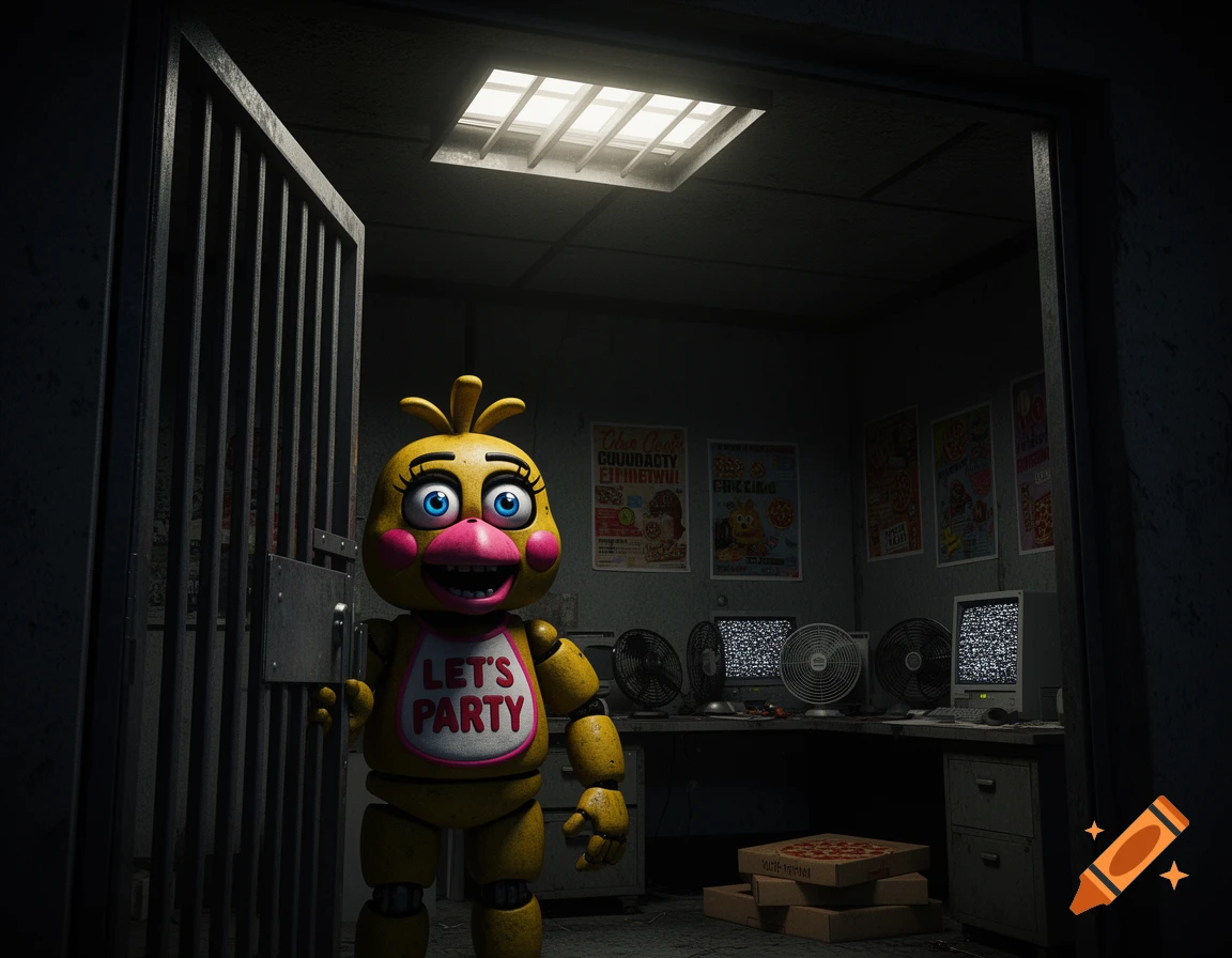 Photorealistic Toy Chica from FNAF 2, with "Let's Party" on her bib, standing in a dark, gloomy office with monitors showing static and pizza boxes on the floor.