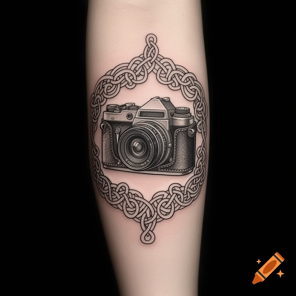 A black and white tattoo of a vintage camera framed by intricate Celtic knotwork on an arm.