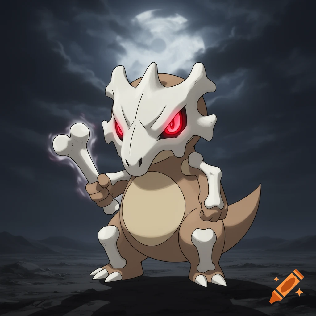 A stylized Cubone Pokemon with a bone skull mask, glowing red eyes, and holding a bone club, stands under a dark, cloudy night sky with a full moon.