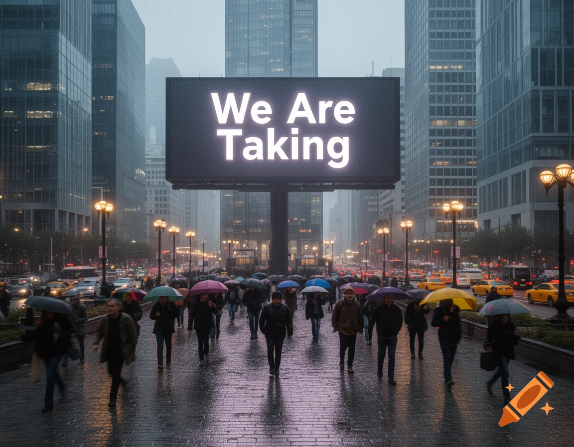A rainy city street scene with people walking under umbrellas past a large billboard displaying "We Are Taking".
