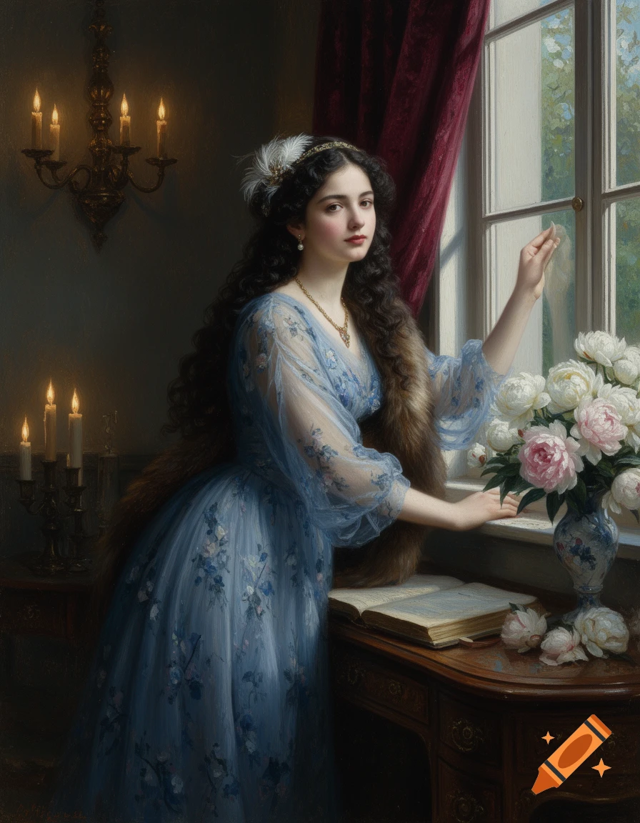 An oil painting of a serene Victorian woman in a blue floral gown, wearing a feathered hair accessory and a fur stole, standing by a window with peonies.