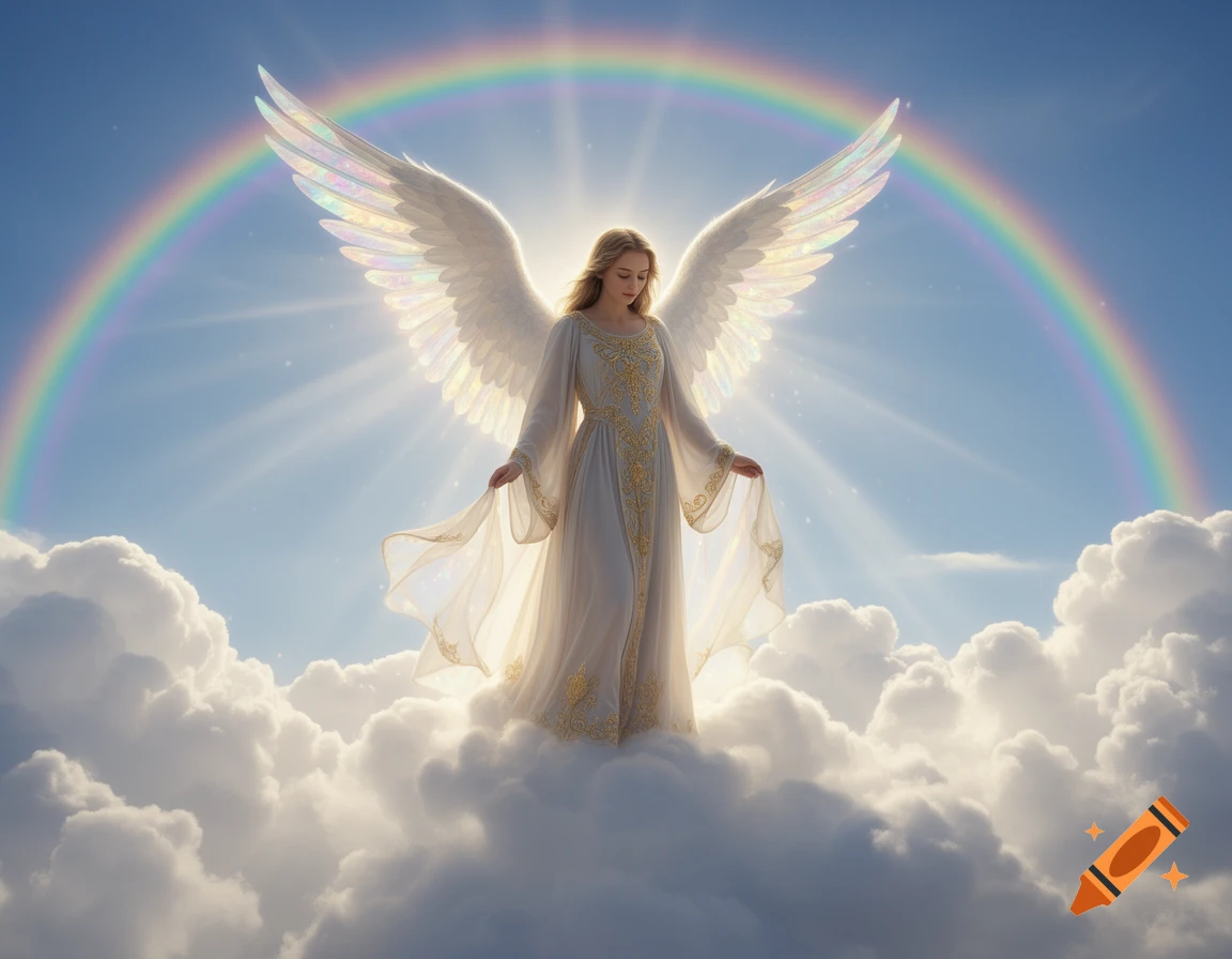 A majestic angel with large white wings and a flowing white gown stands on fluffy clouds under a vibrant rainbow in a bright blue sky.