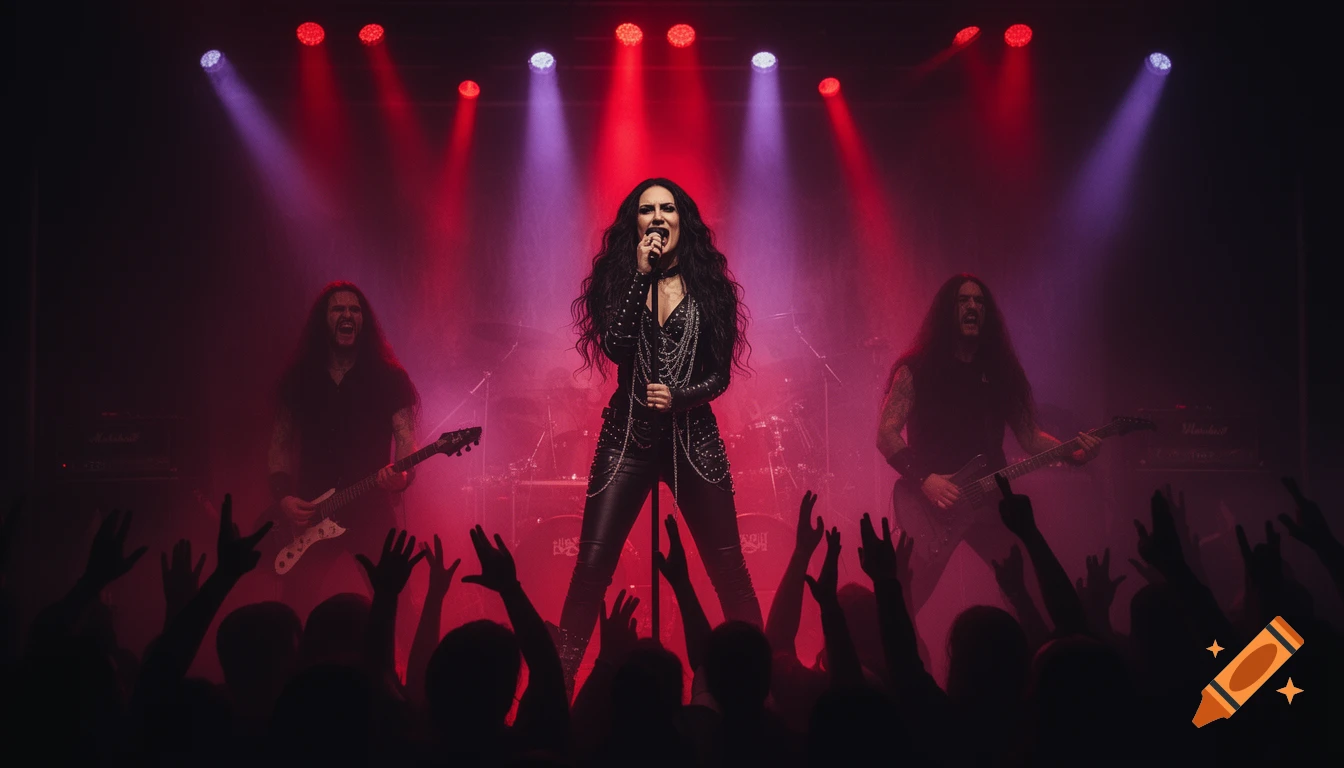 A Gothic metal band performs on stage under red and purple lights, featuring a female singer, two guitarists, and an audience with raised hands.