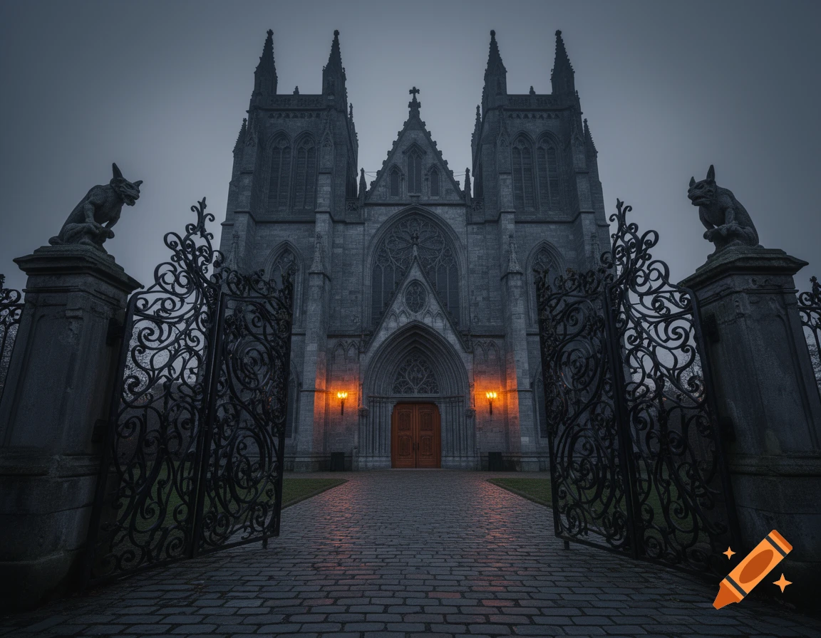 A grey cobblestone path leading to open, ornate wrought iron gates with gargoyle statues, in front of a grand gothic cathedral at blue hour, with orange glowing sconces near its wooden doors.