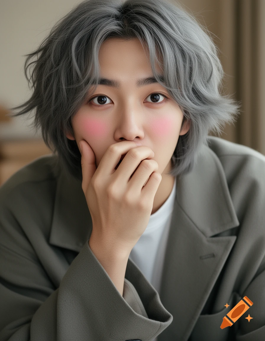 A person with short, wavy gray hair and rosy cheeks shyly covers their mouth with a hand, looking directly at the viewer.