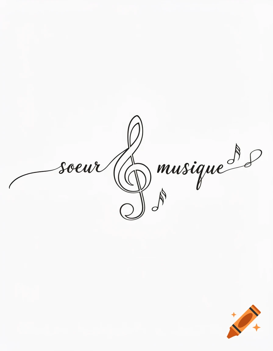 Black and white minimalist line art with the word 'soeur', a treble clef, and the word 'musique' flowing together with musical notes.