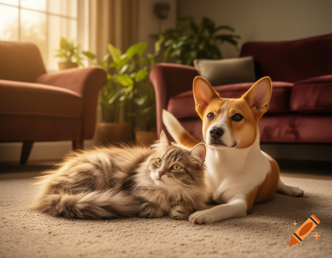 A fluffy tabby cat and a brown and white dog lie together on a carpet in a sunlit living room.