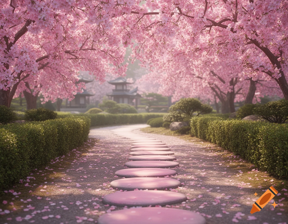 A path with pink stepping stones through a vibrant Japanese garden, framed by blooming cherry blossom trees and traditional pagoda buildings in the background.