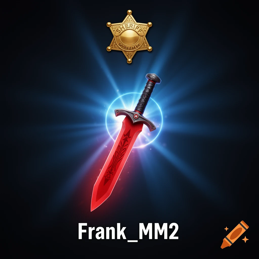 A golden sheriff badge and a red glowing fantasy dagger with a black hilt, centered against a dark background with blue light rays. The name 'Frank_MM2' is below the dagger.