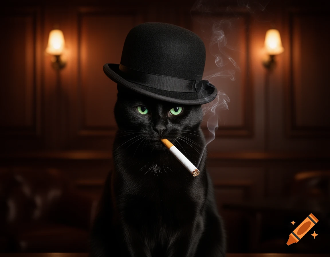 A photorealistic black cat with green eyes wears a bowler hat and smokes a cigarette in a dimly lit room.