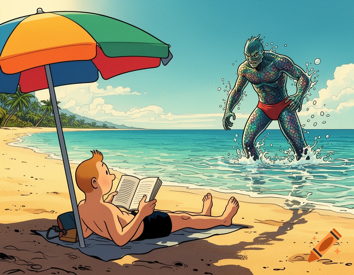 Retro comic illustration of Tintin reading on a beach under a colorful umbrella, while a menacing fish-man emerges from the water.