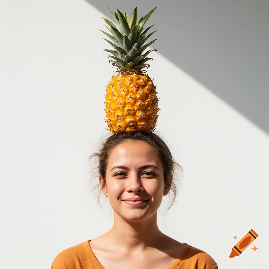 A smiling young woman with a pineapple balanced on her head, against a white wall with a diagonal shadow.