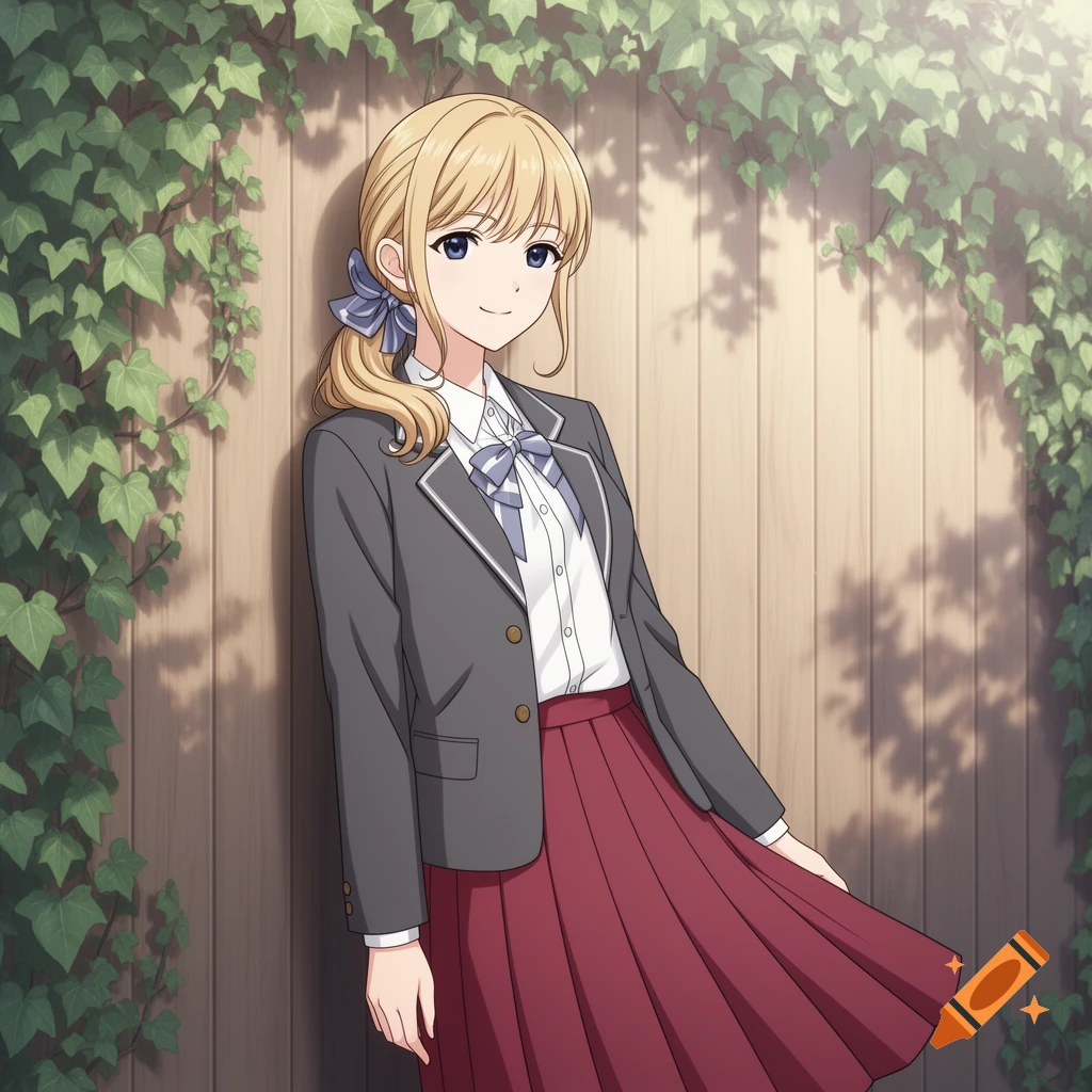 Anime schoolgirl with blonde hair, wearing a gray blazer and red pleated skirt, leaning against a wooden fence with ivy.