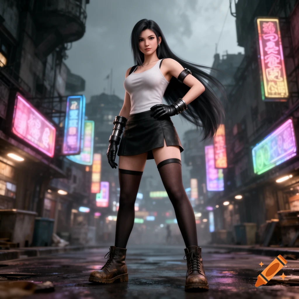 Tifa Lockhart from Final Fantasy VII stands in a dark, neon-lit city alley, photorealistic 3D render.