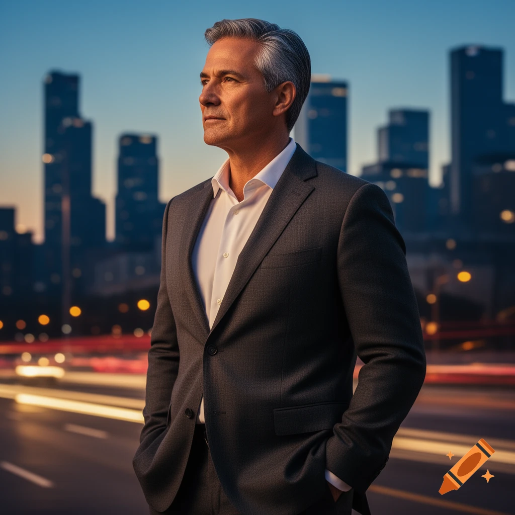 A man in a suit stands with hands in pockets, looking away against a city skyline at dusk with blurred light trails on the street.