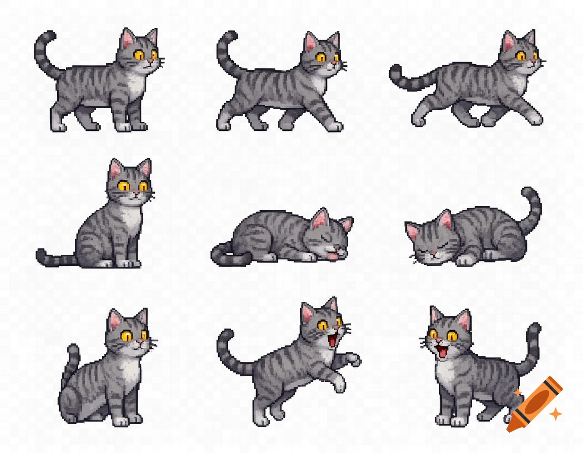 Nine pixel art sprites of a grey tabby cat in various poses on a transparent background.