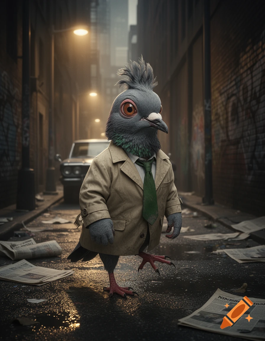An anthropomorphic pigeon detective in a trench coat walks through a dimly lit, wet urban alley with scattered newspapers.