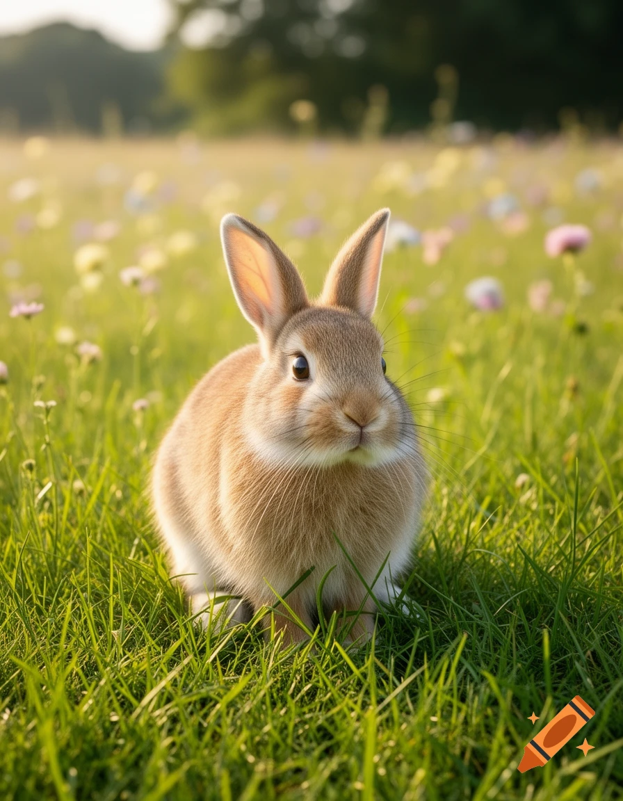 A small, light brown rabbit sits in a sunny, lush green meadow filled with colorful wildflowers, depicted in a photorealistic style.