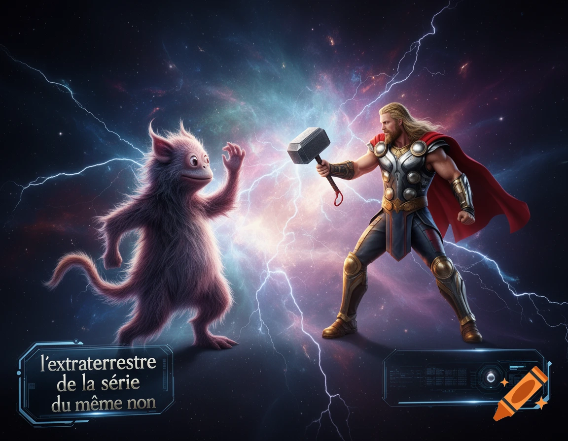 A furry alien with large eyes and a monkey-like face faces Thor, who holds Mjolnir, in a stormy cosmic setting with UI elements below.