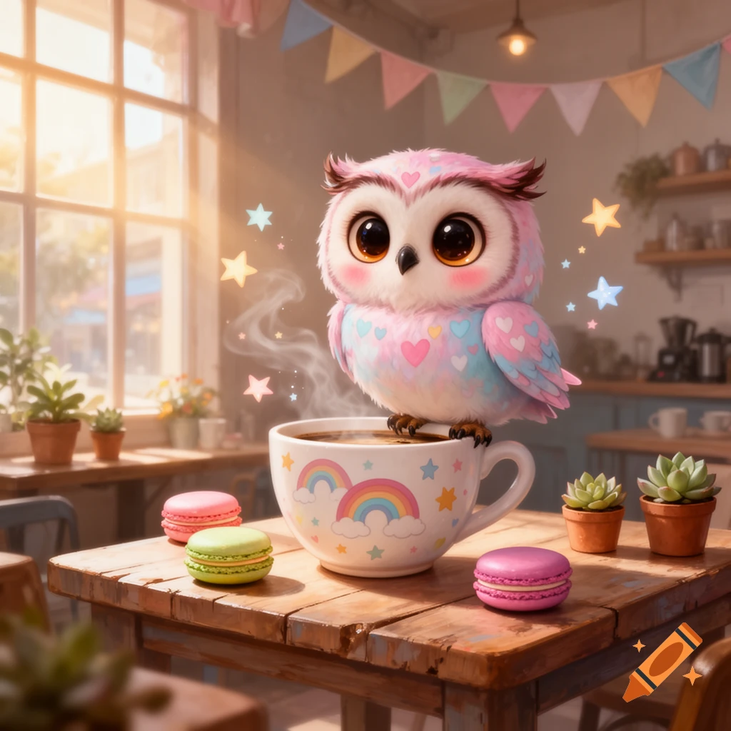 A cute, pink and blue owl with big eyes perches on a steaming coffee cup, surrounded by macarons, in a sunny cafe.