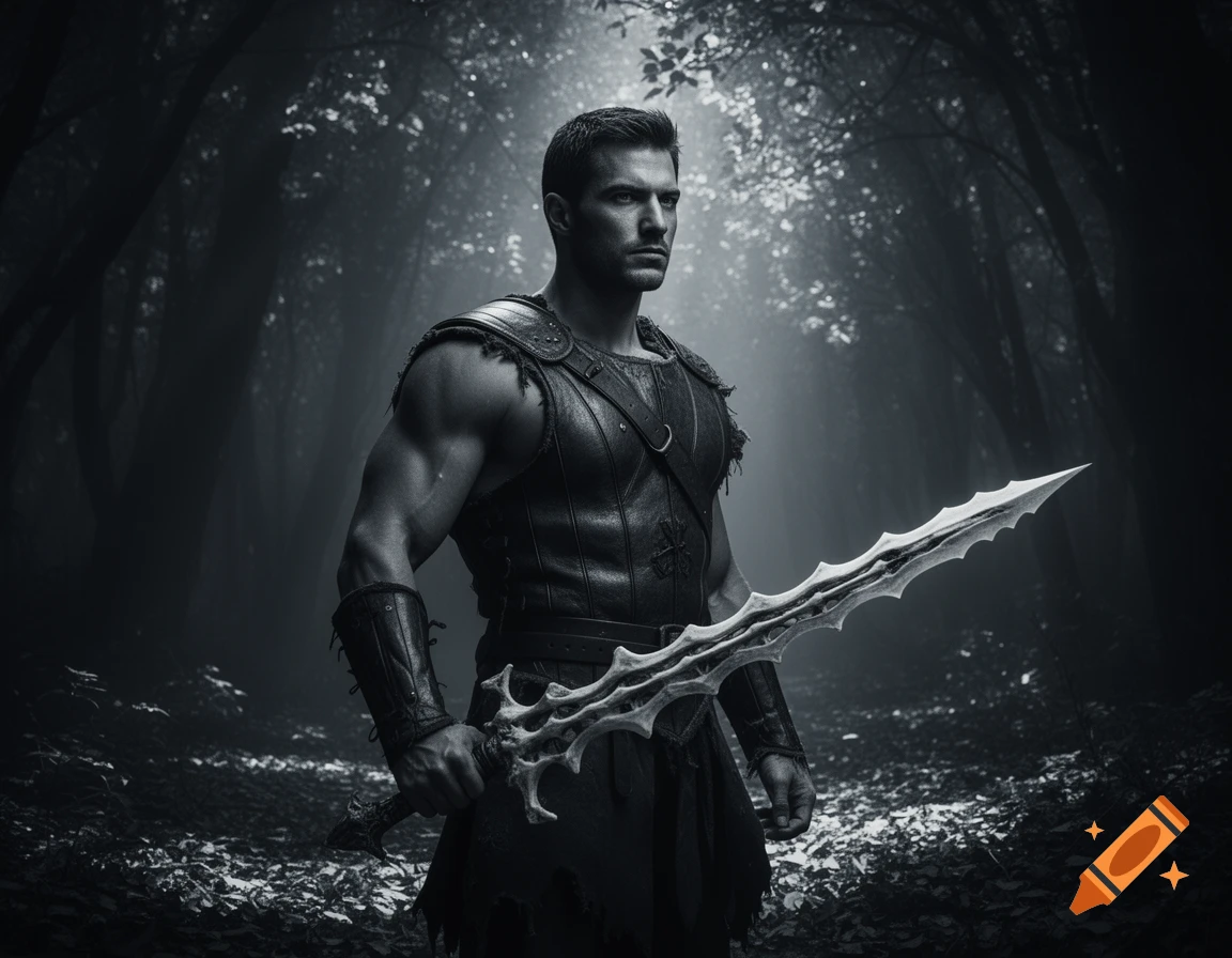 A strong man in fantasy leather armor holds a jagged, bone-like sword in a dark, misty forest. Grayscale, dramatic lighting.