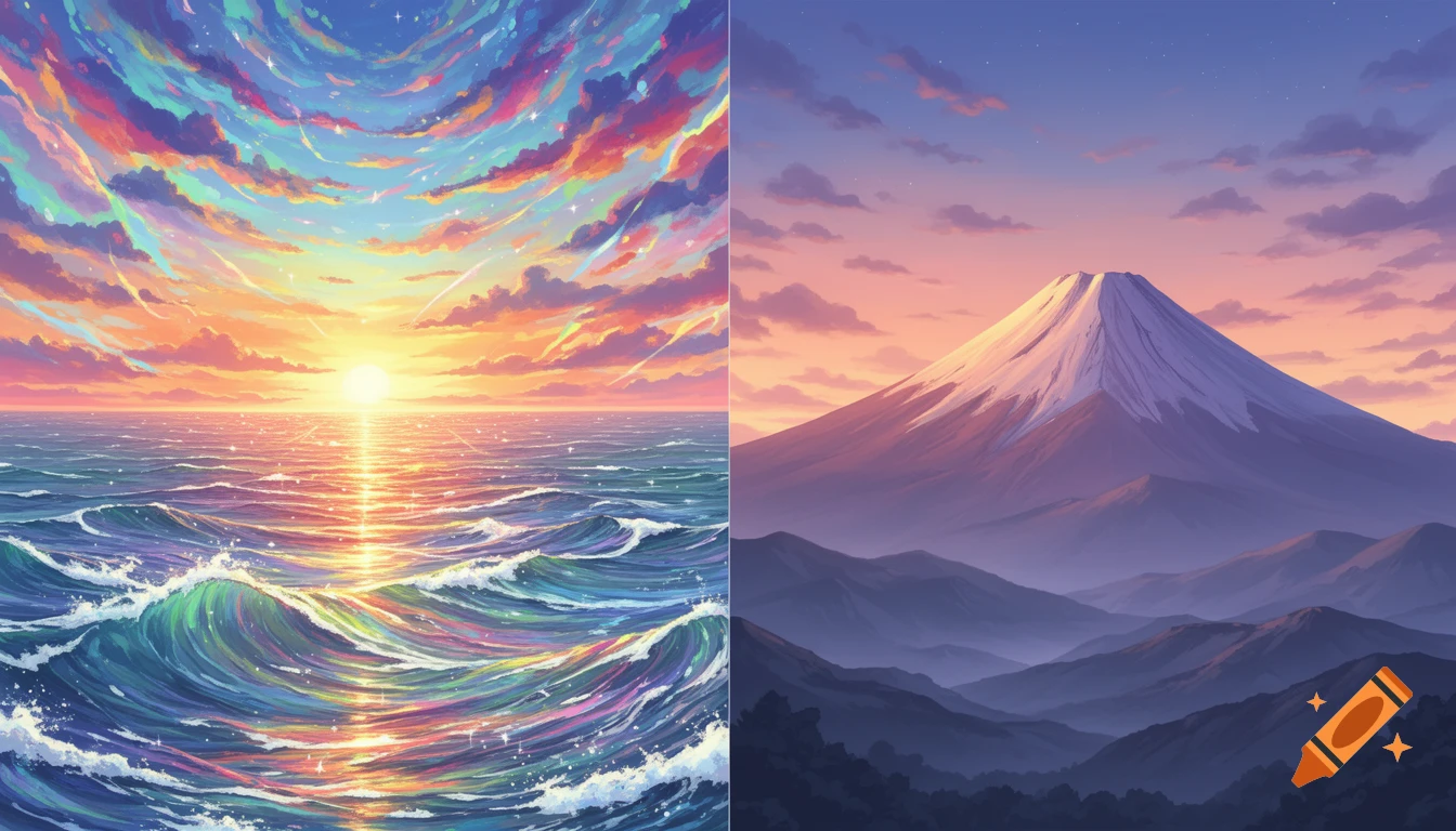 Colorful anime-style diptych with a vibrant sunrise over a wavy ocean on the left and a majestic snow-capped mountain at sunrise on the right.
