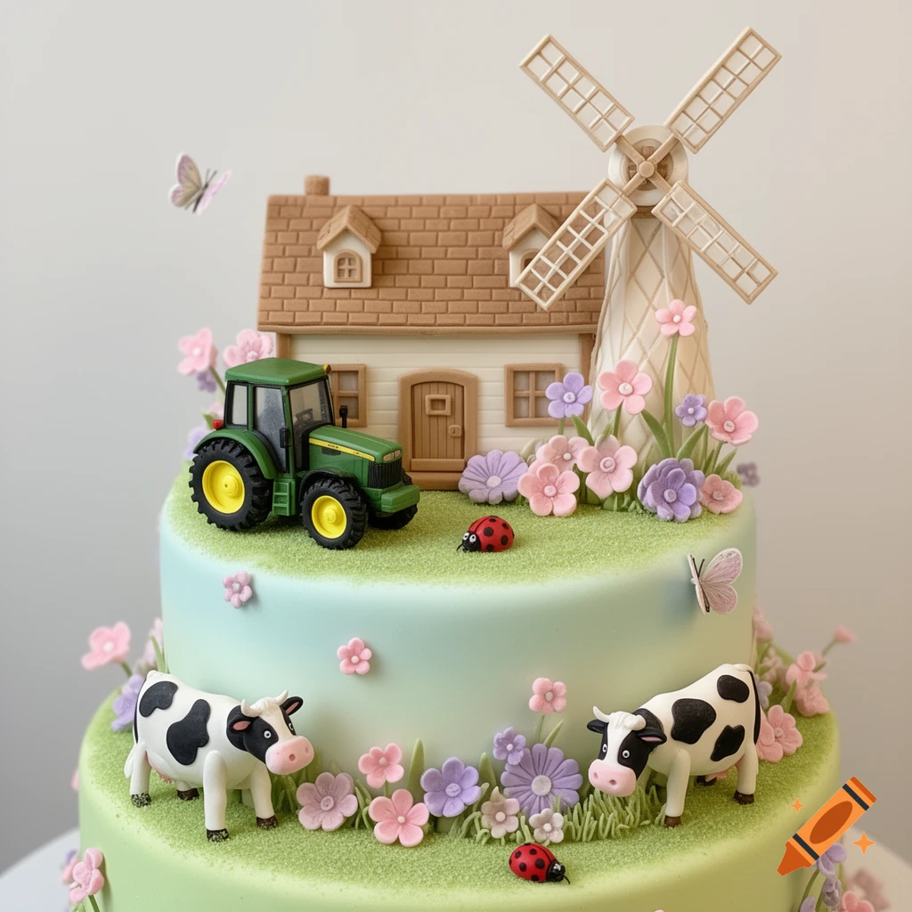 A two-tier pastel farm-themed birthday cake with fondant house, windmill, tractor, cows, flowers, ladybugs, and butterflies.