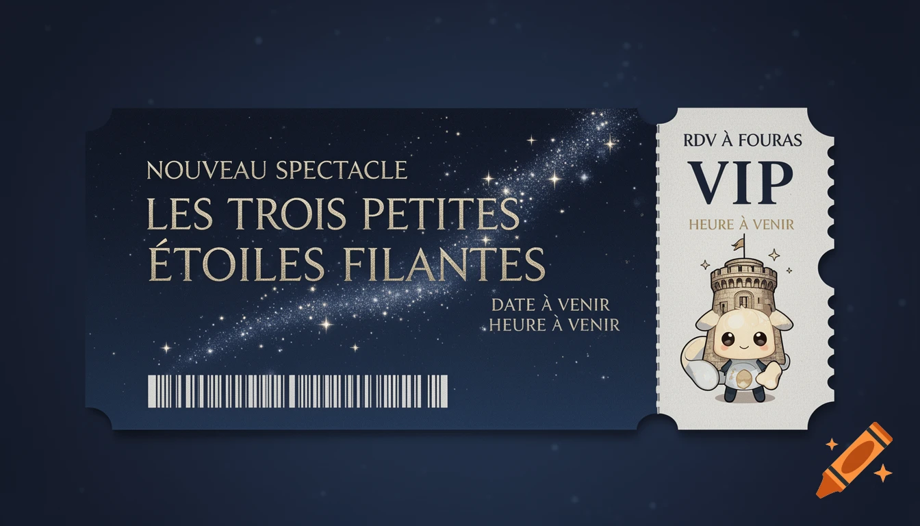 A stylized concert ticket in dark blue with a starry night sky. Text reads "Nouveau Spectacle Les Trois Petites Étoiles Filantes". A tear-off VIP section features a cute cartoon fort boyard tower.