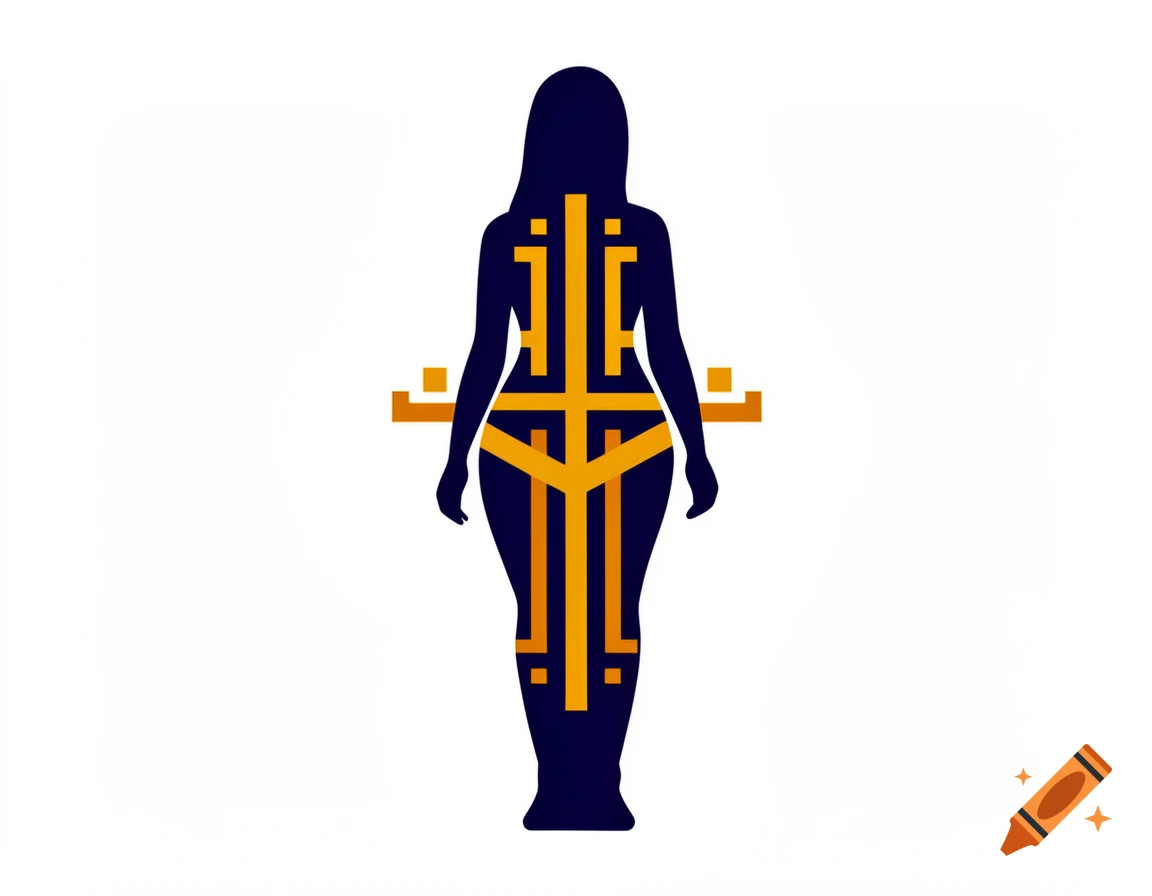 A dark blue silhouette of a woman's back, filled with an orange geometric pattern resembling a Berber insignia, on a white background.