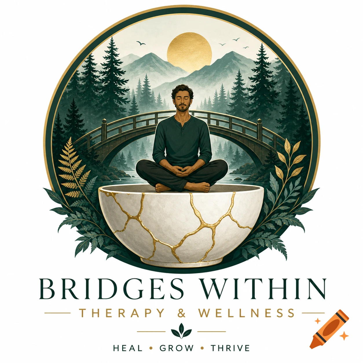 A logo featuring a man meditating in a lotus position on a kintsugi bowl, set against a circular backdrop of a forest, bridge, mountains, and a golden sun. The text reads "BRIDGES WITHIN THERAPY & WELLNESS HEAL " ", GROW ", THRIVE".