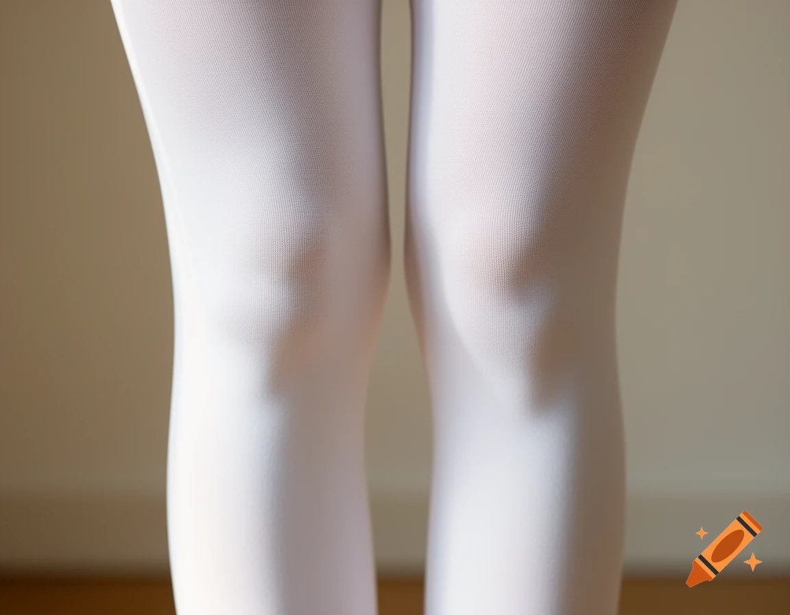 Close-up of a person's legs covered in white tights, showing the texture of the fabric around the knees.