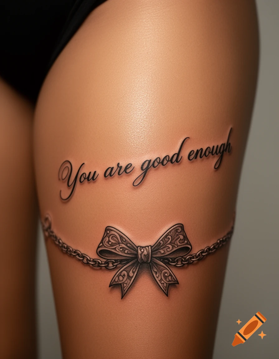 A realistic tattoo on a thigh features the text "You are good enough" above a decorative chain and bow.