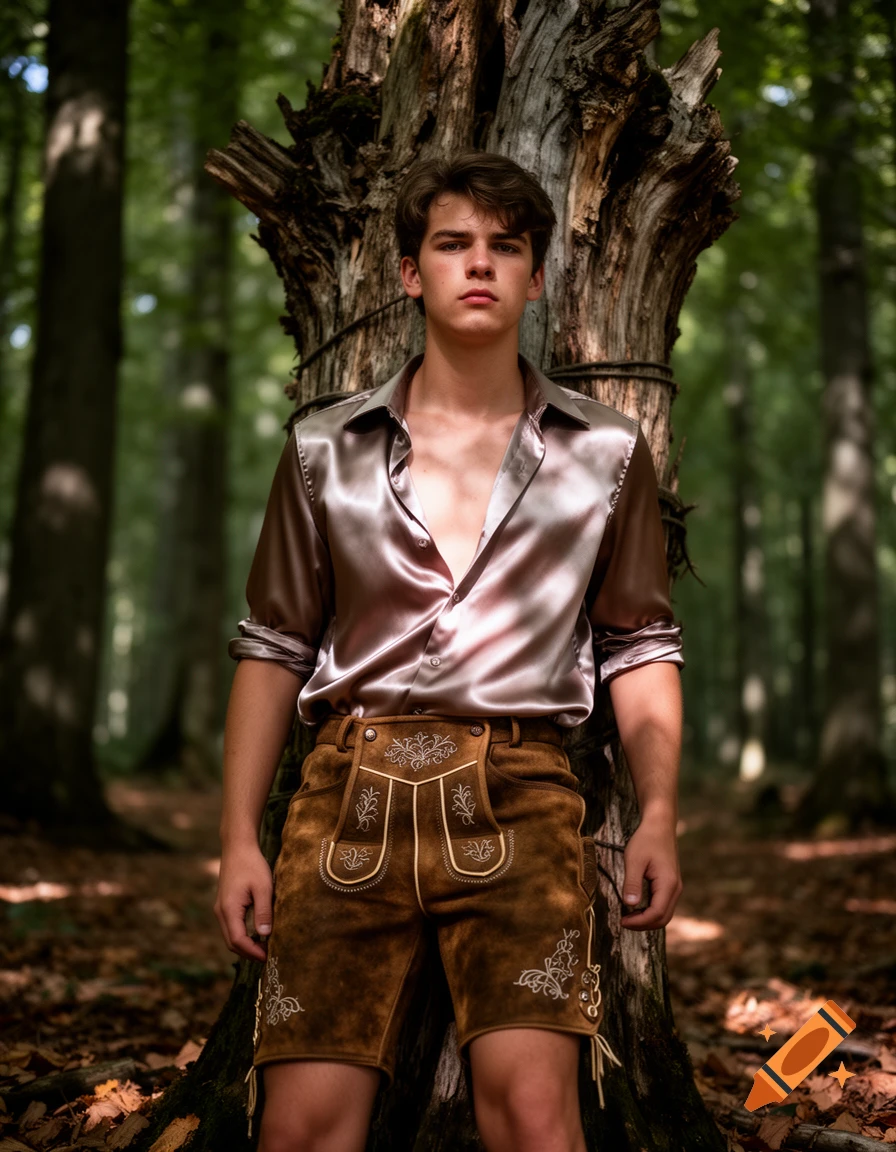 A young man in a shiny open satin shirt and traditional lederhosen stands solemnly against a large tree in a forest.