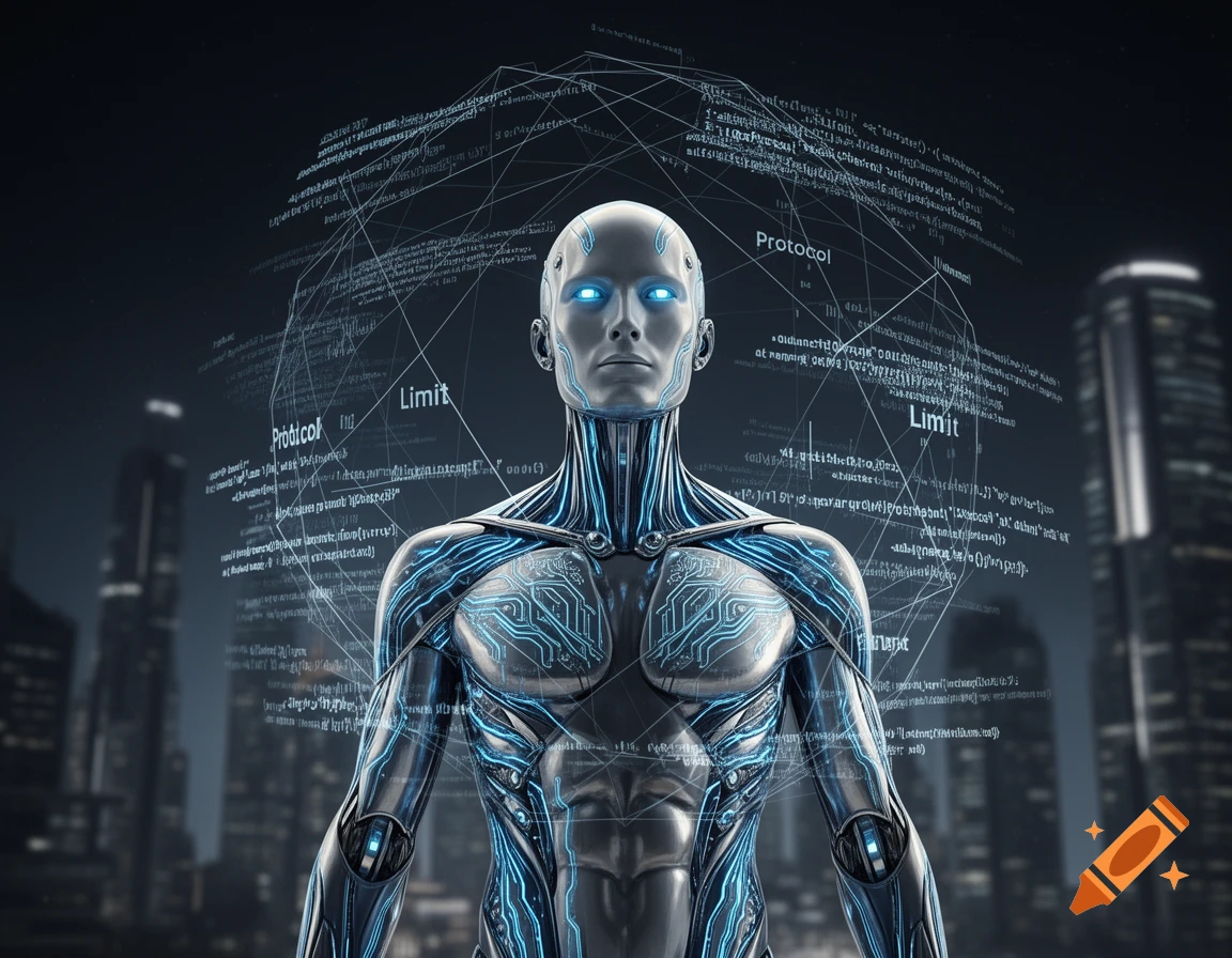 A sleek humanoid robot with glowing blue eyes and illuminated circuitry stands in front of a blurred futuristic cityscape, surrounded by a holographic data sphere.