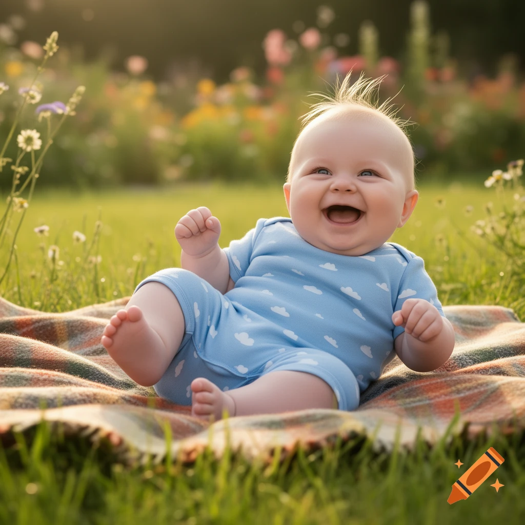 A laughing baby in a blue cloud-print romper lies on a plaid blanket in a sunny, grassy field with flowers.