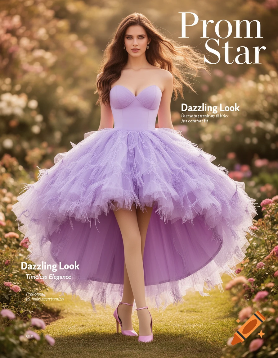 A woman with long brown hair stands in a garden wearing a strapless, light purple, feathery high-low prom dress and matching stiletto heels. Text reads "Prom Star" and "Dazzling Look".