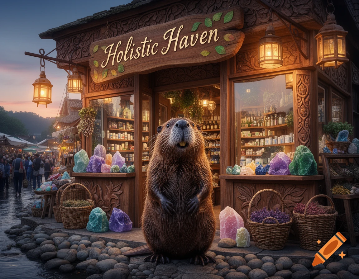 A photorealistic beaver stands in front of a charming wooden shop named 'Holistic Haven' with colorful crystals, at a market street at sunset.