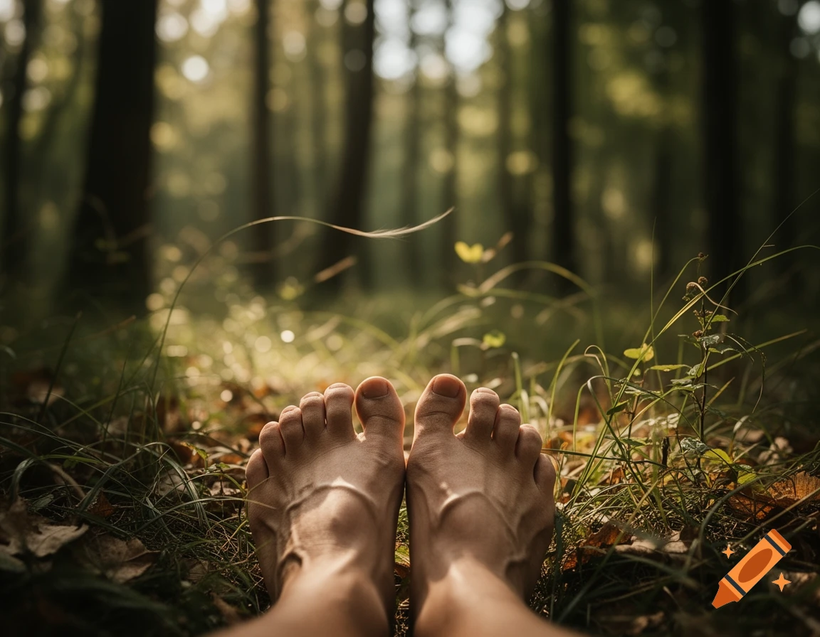 Bare feet rest on sunlit grass and fallen leaves in a blurred forest background.