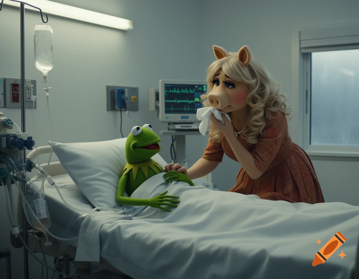 Photorealistic image of Kermit the Frog lying weary in a hospital bed, while a distraught Miss Piggy stands by his side.
