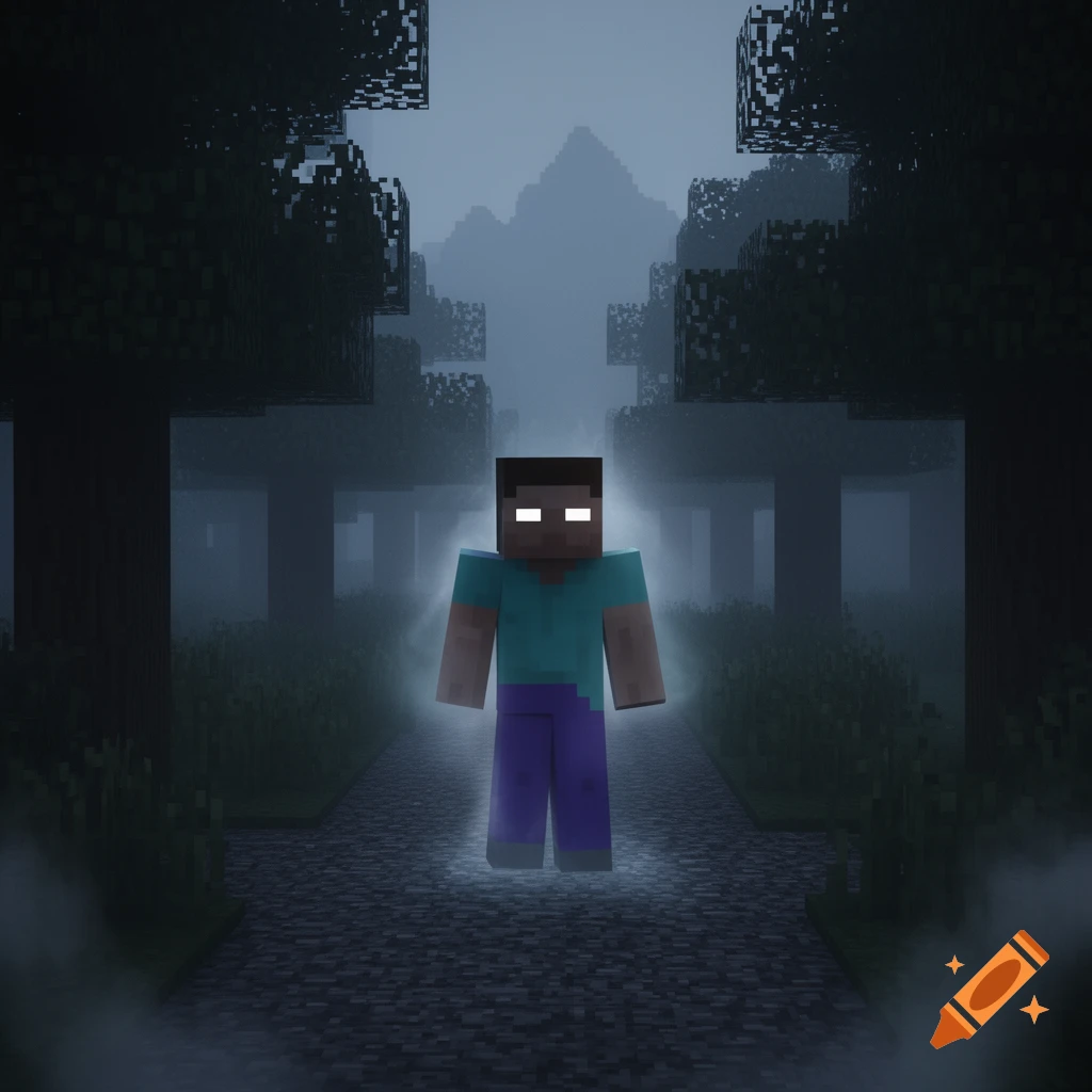 Herobrine, a Minecraft character, stands glowing brightly on a dark, foggy forest path.