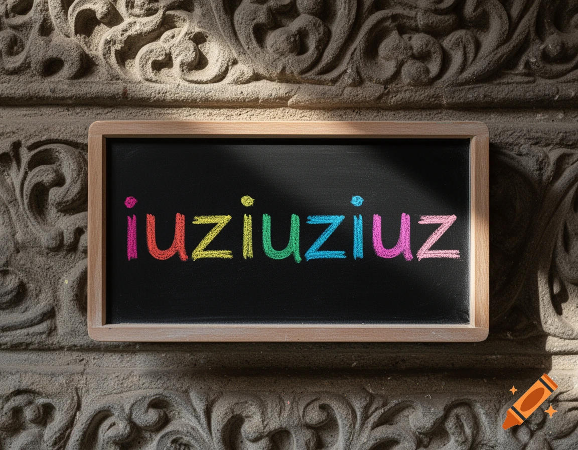 A blackboard with colorful text "iuziuuziuz" hangs on a textured stone wall, illuminated by sunlight.