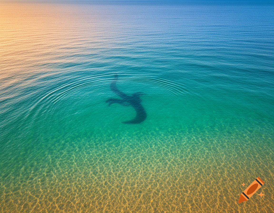 Aerial view of clear warm ocean water revealing a sandy floor and the dark silhouette of the Loch Ness Monster beneath the surface.