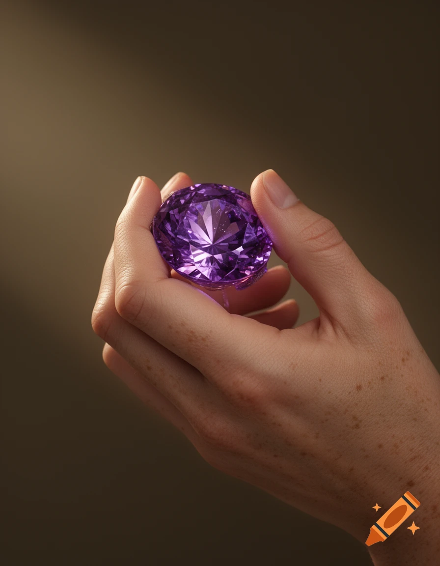 A hand gently holds a large, sparkling purple faceted gemstone, glowing softly in a beam of light.