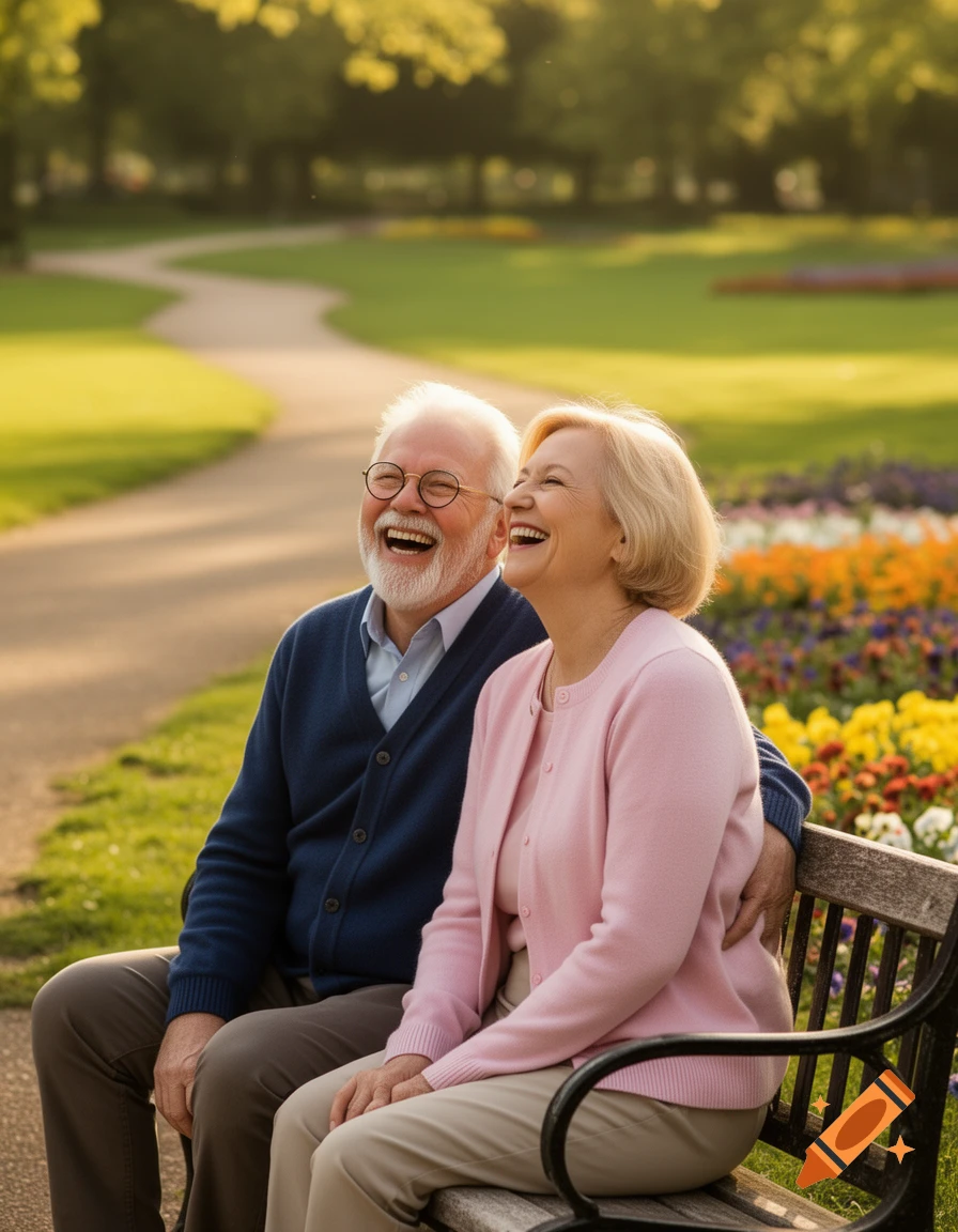 An elderly couple happily laughing while sitting on a park bench surrounded by trees and colorful flowers.