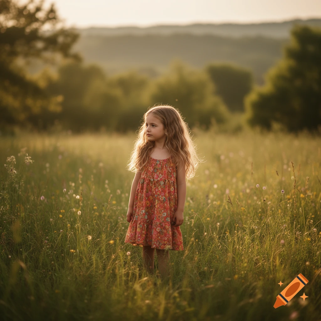 A young girl with long, wavy hair stands in a sunlit grassy field wearing a floral dress.